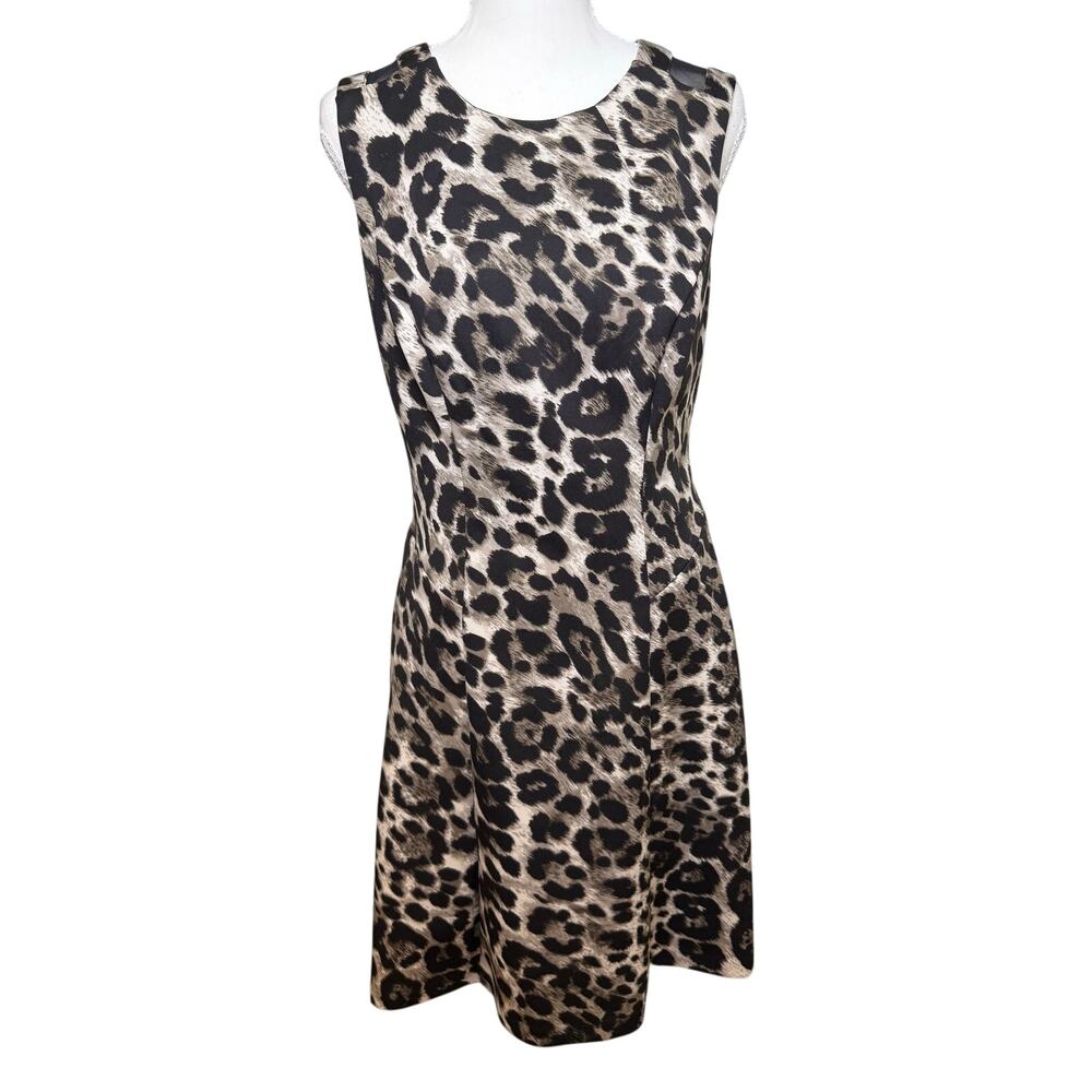 Connected Apparel Leopard Print Fit & Flare Dress Mesh Back Sleeveless